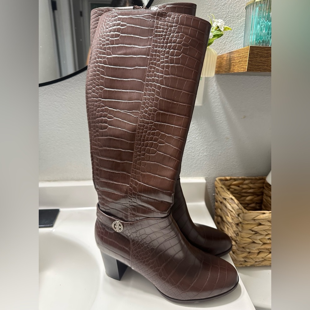 Gianni Bernini Brown Crocodile-Embossed Tall Boots